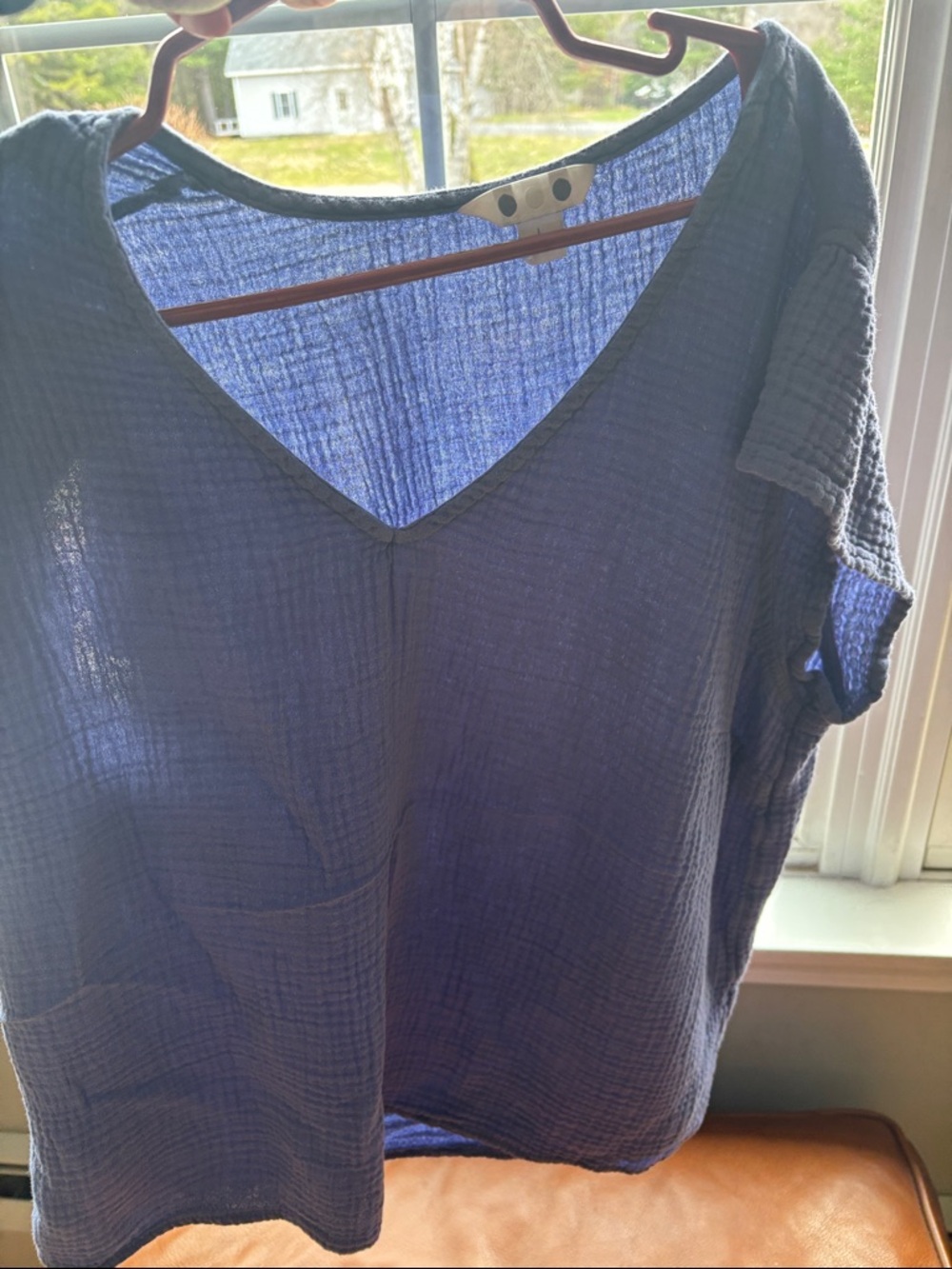Relaxed V-Neck Textured Top in Dusty Blue Organic Cotton Gauze